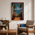 Vibrant tropical window wall art featuring open shutters overlooking a sparkling ocean bay with sailboats, palm trees, colorful flowers, and Mediterranean-style coastal homes. Scenic seaside artwork with rich colors, vacation-inspired charm, and relaxing coastal decor appeal.