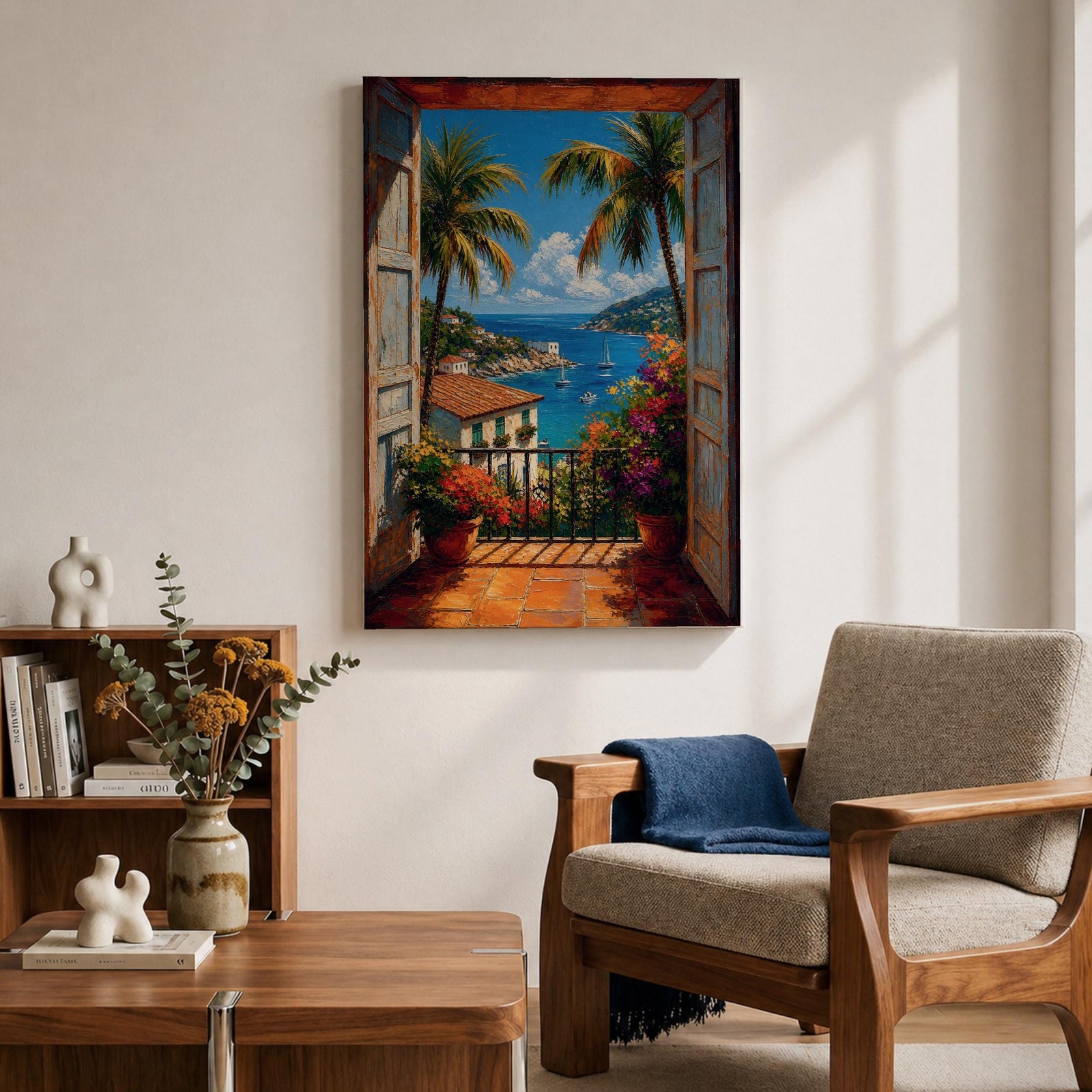 Vibrant tropical window wall art featuring open shutters overlooking a sparkling ocean bay with sailboats, palm trees, colorful flowers, and Mediterranean-style coastal homes. Scenic seaside artwork with rich colors, vacation-inspired charm, and relaxing coastal decor appeal.