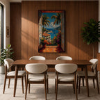 Vibrant tropical window wall art featuring open shutters overlooking a sparkling ocean bay with sailboats, palm trees, colorful flowers, and Mediterranean-style coastal homes. Scenic seaside artwork with rich colors, vacation-inspired charm, and relaxing coastal decor appeal.