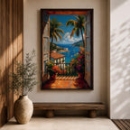 Vibrant tropical window wall art featuring open shutters overlooking a sparkling ocean bay with sailboats, palm trees, colorful flowers, and Mediterranean-style coastal homes. Scenic seaside artwork with rich colors, vacation-inspired charm, and relaxing coastal decor appeal.