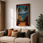 Vibrant tropical window wall art featuring open shutters overlooking a sparkling ocean bay with sailboats, palm trees, colorful flowers, and Mediterranean-style coastal homes. Scenic seaside artwork with rich colors, vacation-inspired charm, and relaxing coastal decor appeal.
