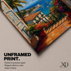 Vibrant tropical window wall art featuring open shutters overlooking a sparkling ocean bay with sailboats, palm trees, colorful flowers, and Mediterranean-style coastal homes. Scenic seaside artwork with rich colors, vacation-inspired charm, and relaxing coastal decor appeal.