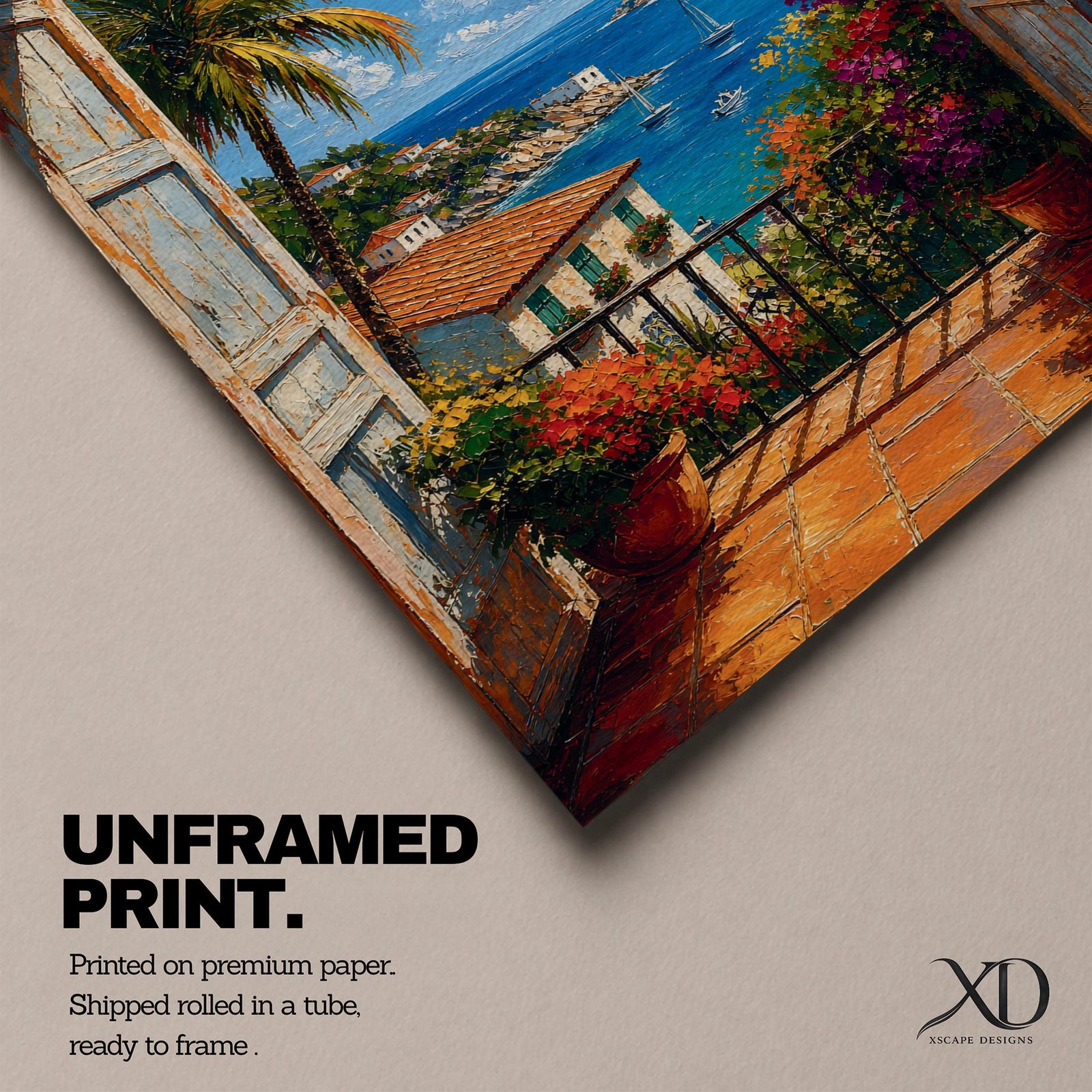 Vibrant tropical window wall art featuring open shutters overlooking a sparkling ocean bay with sailboats, palm trees, colorful flowers, and Mediterranean-style coastal homes. Scenic seaside artwork with rich colors, vacation-inspired charm, and relaxing coastal decor appeal.