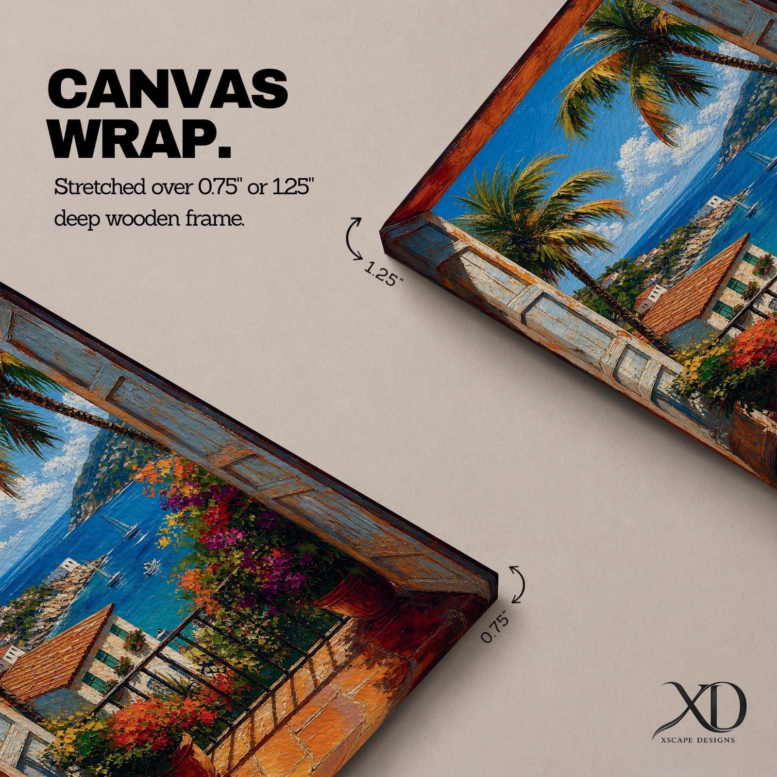 Vibrant tropical window wall art featuring open shutters overlooking a sparkling ocean bay with sailboats, palm trees, colorful flowers, and Mediterranean-style coastal homes. Scenic seaside artwork with rich colors, vacation-inspired charm, and relaxing coastal decor appeal.