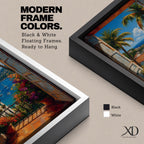 Vibrant tropical window wall art featuring open shutters overlooking a sparkling ocean bay with sailboats, palm trees, colorful flowers, and Mediterranean-style coastal homes. Scenic seaside artwork with rich colors, vacation-inspired charm, and relaxing coastal decor appeal.