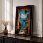 Mediterranean coastal wall art featuring open wooden shutters overlooking a sparkling blue bay, palm trees, colorful flowers, sailboats, and a charming seaside village. Impressionist ocean view canvas perfect for beach house, coastal, and Mediterranean-inspired interiors.