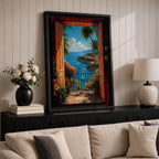 Mediterranean coastal wall art featuring open wooden shutters overlooking a sparkling blue bay, palm trees, colorful flowers, sailboats, and a charming seaside village. Impressionist ocean view canvas perfect for beach house, coastal, and Mediterranean-inspired interiors.