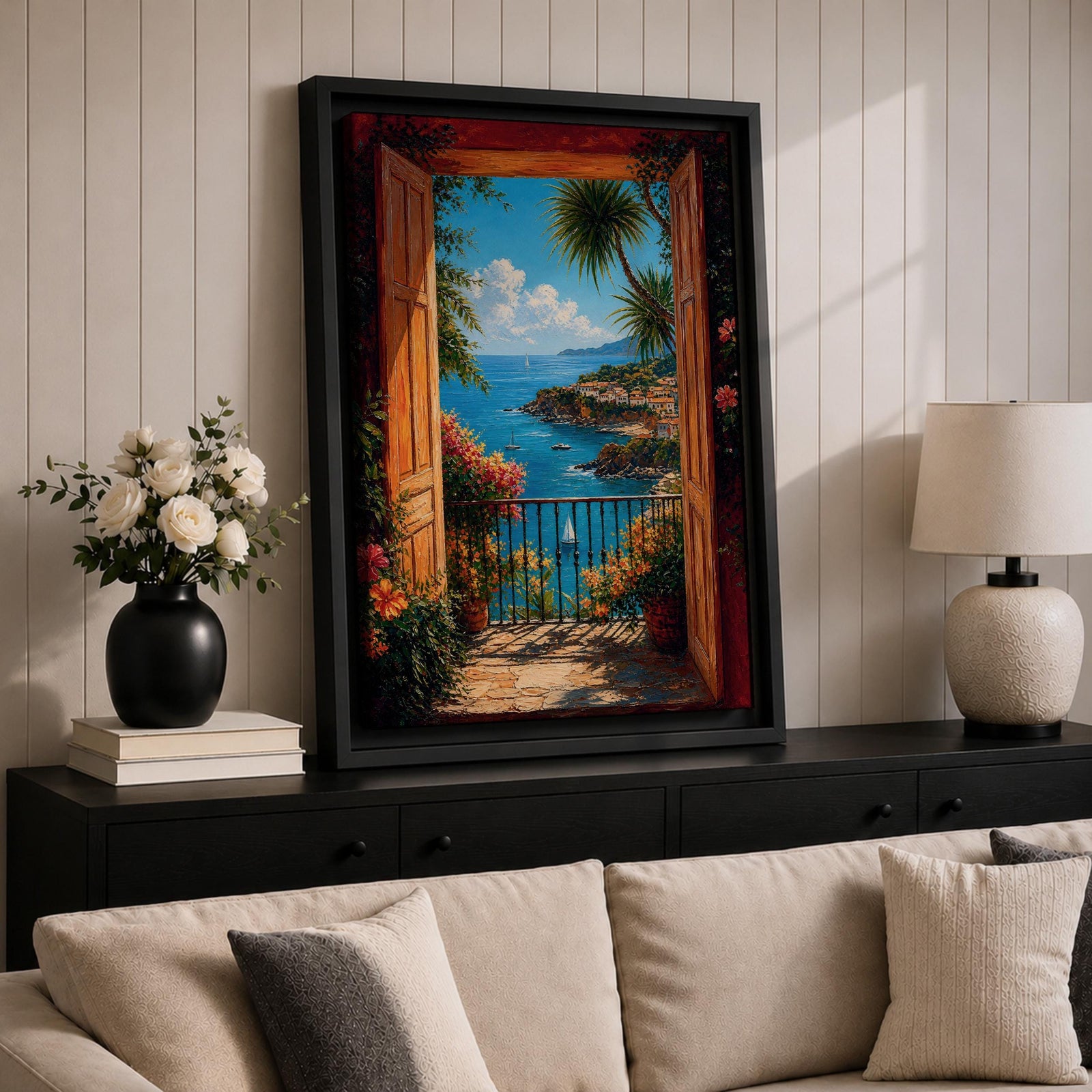 Mediterranean coastal wall art featuring open wooden shutters overlooking a sparkling blue bay, palm trees, colorful flowers, sailboats, and a charming seaside village. Impressionist ocean view canvas perfect for beach house, coastal, and Mediterranean-inspired interiors.