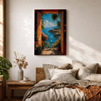 Mediterranean coastal wall art featuring open wooden shutters overlooking a sparkling blue bay, palm trees, colorful flowers, sailboats, and a charming seaside village. Impressionist ocean view canvas perfect for beach house, coastal, and Mediterranean-inspired interiors.