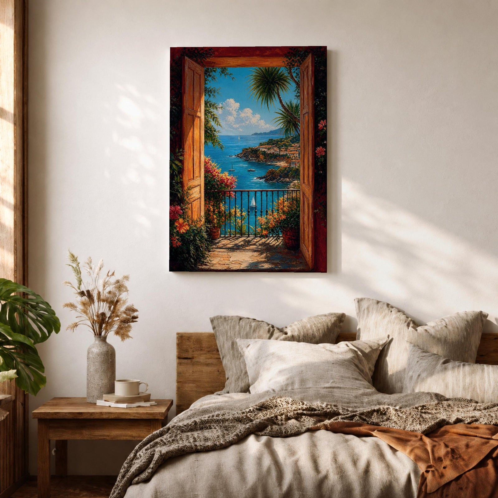 Mediterranean coastal wall art featuring open wooden shutters overlooking a sparkling blue bay, palm trees, colorful flowers, sailboats, and a charming seaside village. Impressionist ocean view canvas perfect for beach house, coastal, and Mediterranean-inspired interiors.