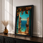 Escape to the seaside with this Mediterranean Coastal Wall Art, featuring an open turquoise window overlooking a sparkling blue ocean framed by vibrant orange trees. This scenic canvas print brings timeless European charm to living rooms, bedrooms, beach houses, and coastal-inspired spaces.