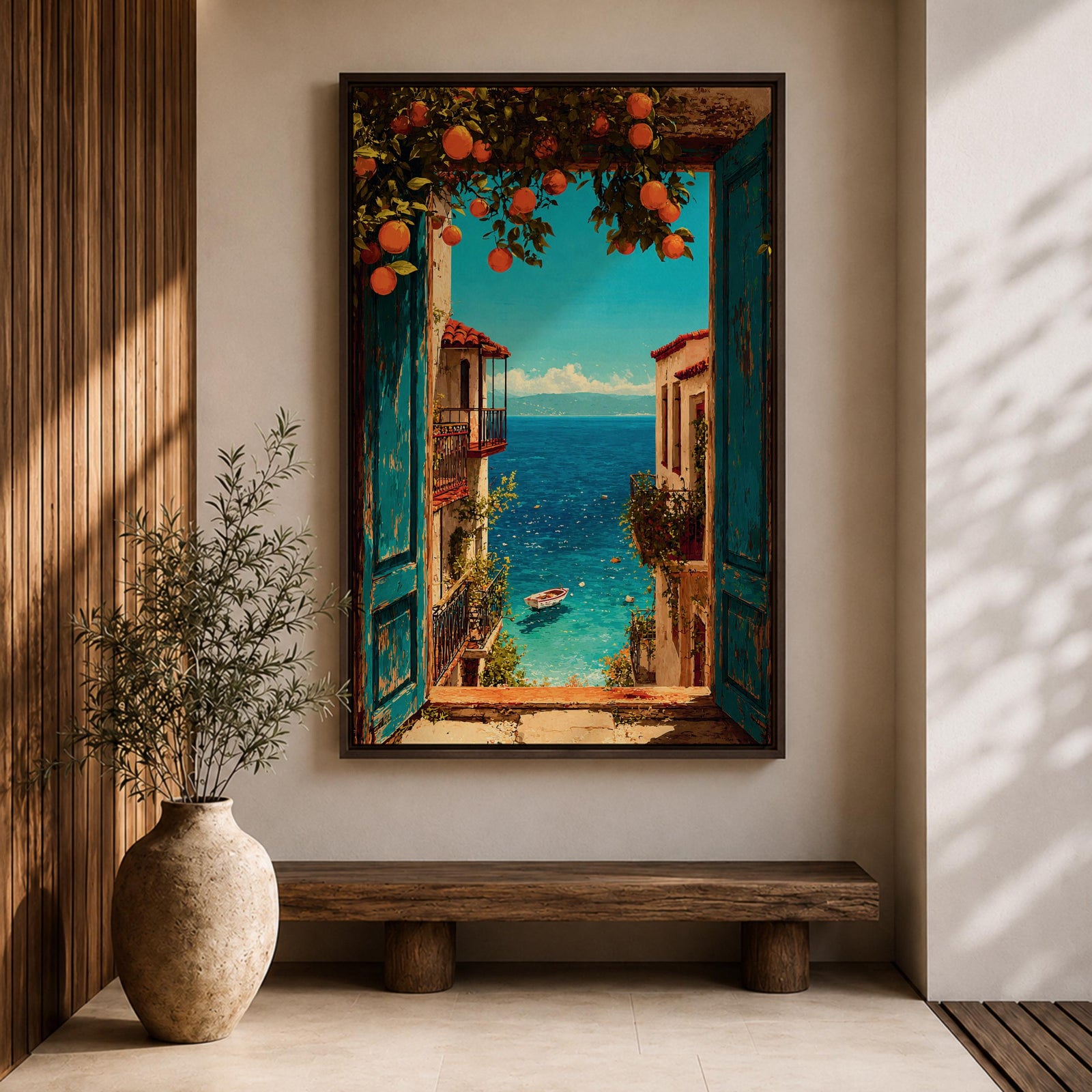 Escape to the seaside with this Mediterranean Coastal Wall Art, featuring an open turquoise window overlooking a sparkling blue ocean framed by vibrant orange trees. This scenic canvas print brings timeless European charm to living rooms, bedrooms, beach houses, and coastal-inspired spaces.