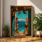 Escape to the seaside with this Mediterranean Coastal Wall Art, featuring an open turquoise window overlooking a sparkling blue ocean framed by vibrant orange trees. This scenic canvas print brings timeless European charm to living rooms, bedrooms, beach houses, and coastal-inspired spaces.