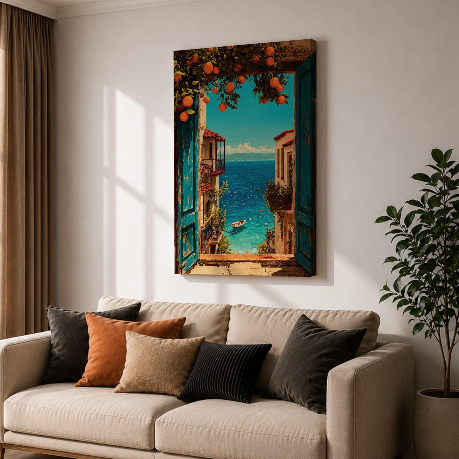 Escape to the seaside with this Mediterranean Coastal Wall Art, featuring an open turquoise window overlooking a sparkling blue ocean framed by vibrant orange trees. This scenic canvas print brings timeless European charm to living rooms, bedrooms, beach houses, and coastal-inspired spaces.