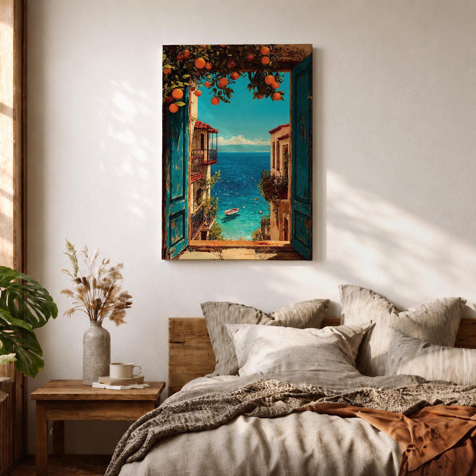 Escape to the seaside with this Mediterranean Coastal Wall Art, featuring an open turquoise window overlooking a sparkling blue ocean framed by vibrant orange trees. This scenic canvas print brings timeless European charm to living rooms, bedrooms, beach houses, and coastal-inspired spaces.