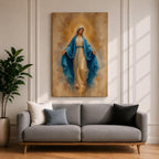 Bring peace and inspiration into your home with this Our Lady of Grace Wall Art, featuring the Blessed Virgin Mary in flowing blue robes illuminated by a radiant gold halo. Soft neutral tones and timeless Christian artistry create a beautiful centerpiece for prayer rooms, living rooms, and sacred spaces.