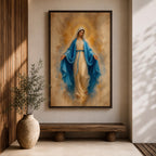 Bring peace and inspiration into your home with this Our Lady of Grace Wall Art, featuring the Blessed Virgin Mary in flowing blue robes illuminated by a radiant gold halo. Soft neutral tones and timeless Christian artistry create a beautiful centerpiece for prayer rooms, living rooms, and sacred spaces.