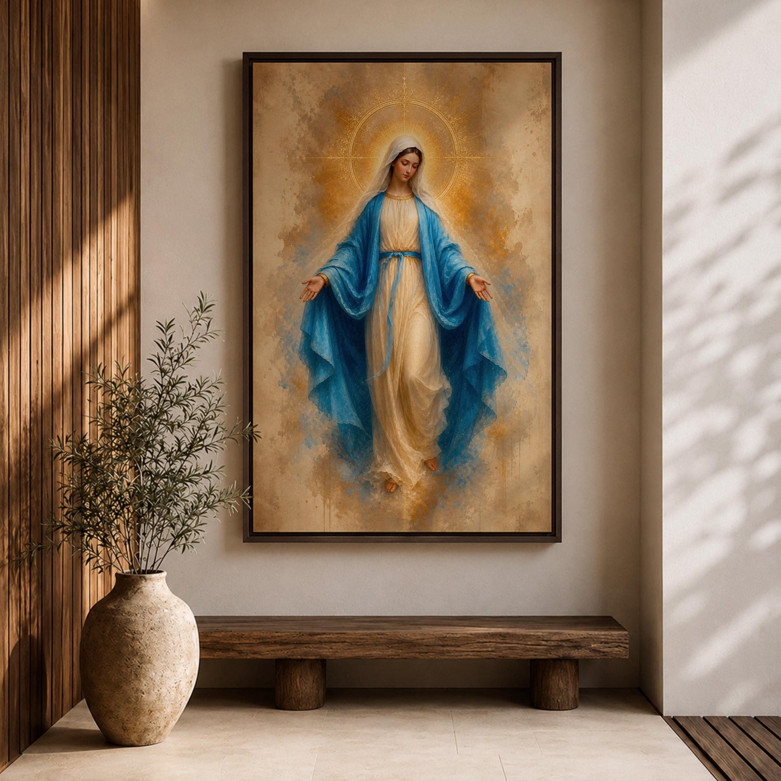 Bring peace and inspiration into your home with this Our Lady of Grace Wall Art, featuring the Blessed Virgin Mary in flowing blue robes illuminated by a radiant gold halo. Soft neutral tones and timeless Christian artistry create a beautiful centerpiece for prayer rooms, living rooms, and sacred spaces.
