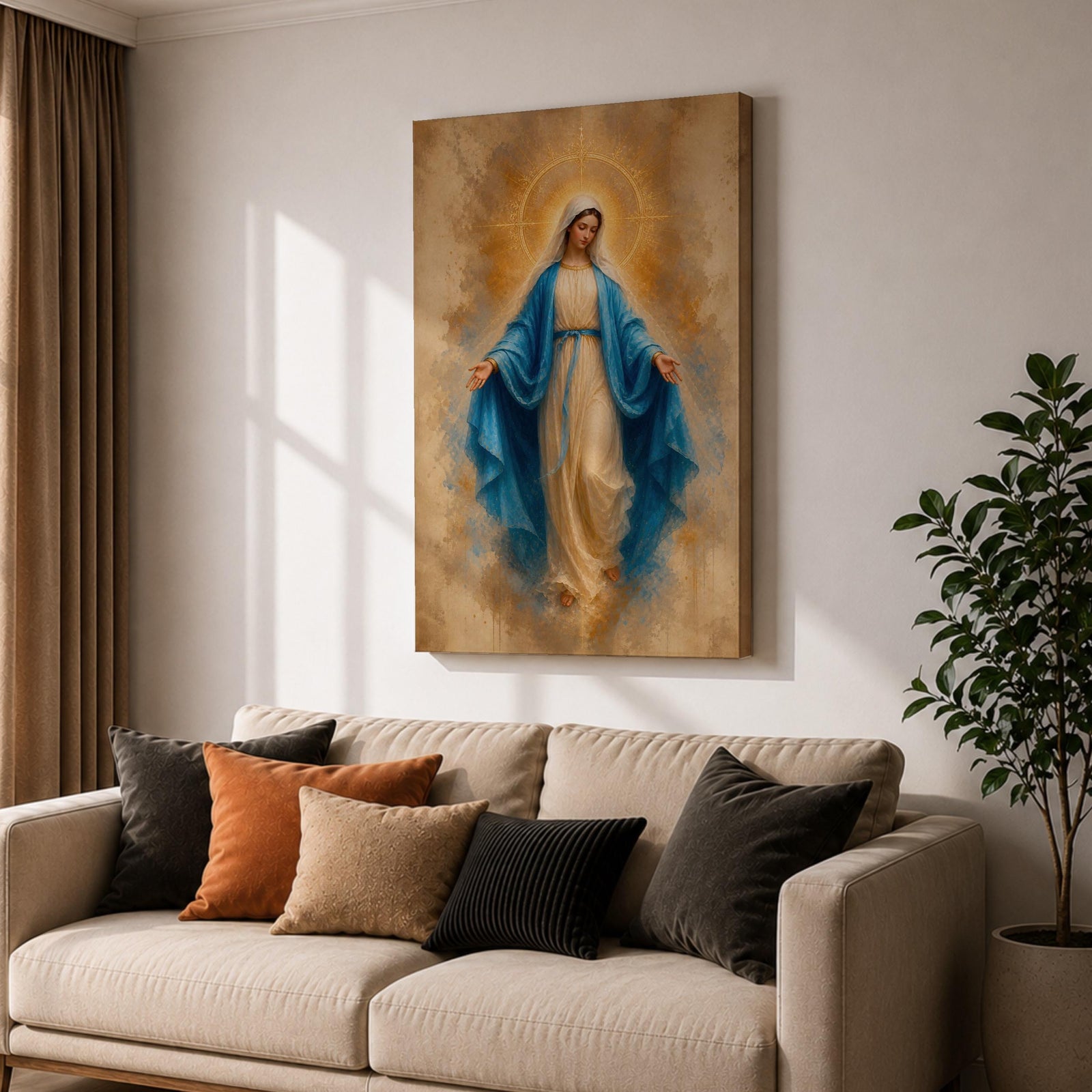 Bring peace and inspiration into your home with this Our Lady of Grace Wall Art, featuring the Blessed Virgin Mary in flowing blue robes illuminated by a radiant gold halo. Soft neutral tones and timeless Christian artistry create a beautiful centerpiece for prayer rooms, living rooms, and sacred spaces.