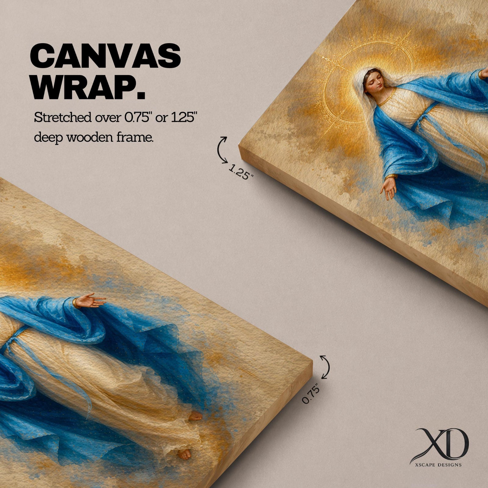 Bring peace and inspiration into your home with this Our Lady of Grace Wall Art, featuring the Blessed Virgin Mary in flowing blue robes illuminated by a radiant gold halo. Soft neutral tones and timeless Christian artistry create a beautiful centerpiece for prayer rooms, living rooms, and sacred spaces.