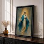 Elegant Virgin Mary wall art featuring the Blessed Mother in flowing blue and white robes with a radiant golden halo. Soft impressionist textures and serene colors create a sacred Catholic artwork ideal for prayer rooms, bedrooms, churches, and Christian home decor.