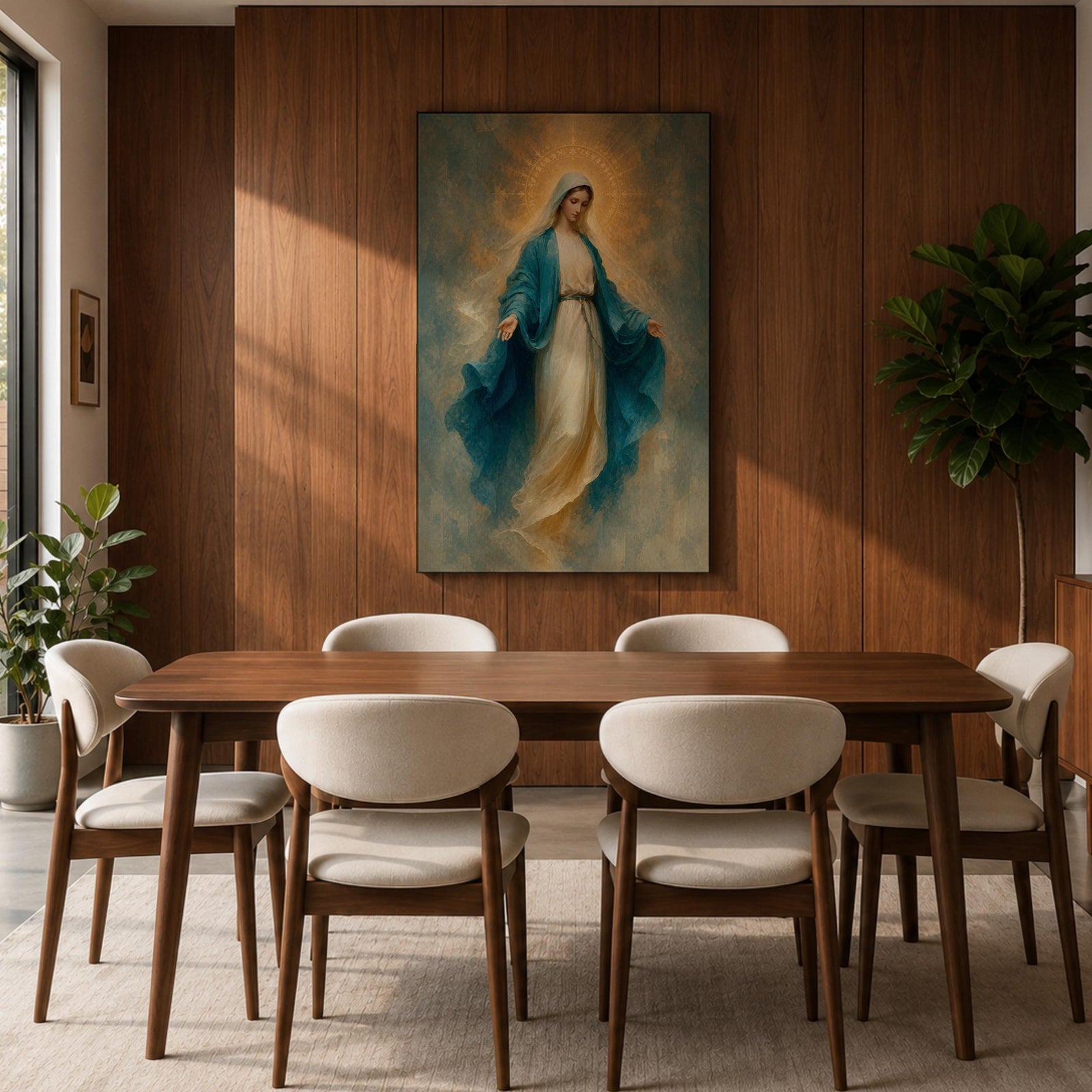 Elegant Virgin Mary wall art featuring the Blessed Mother in flowing blue and white robes with a radiant golden halo. Soft impressionist textures and serene colors create a sacred Catholic artwork ideal for prayer rooms, bedrooms, churches, and Christian home decor.