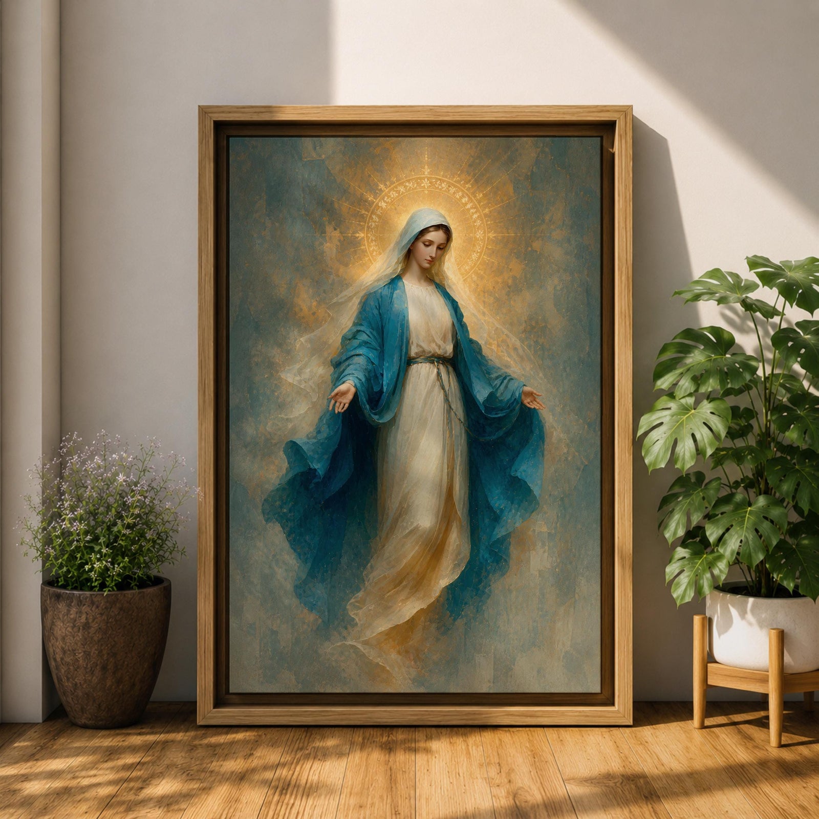 Elegant Virgin Mary wall art featuring the Blessed Mother in flowing blue and white robes with a radiant golden halo. Soft impressionist textures and serene colors create a sacred Catholic artwork ideal for prayer rooms, bedrooms, churches, and Christian home decor.