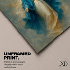 Elegant Virgin Mary wall art featuring the Blessed Mother in flowing blue and white robes with a radiant golden halo. Soft impressionist textures and serene colors create a sacred Catholic artwork ideal for prayer rooms, bedrooms, churches, and Christian home decor.