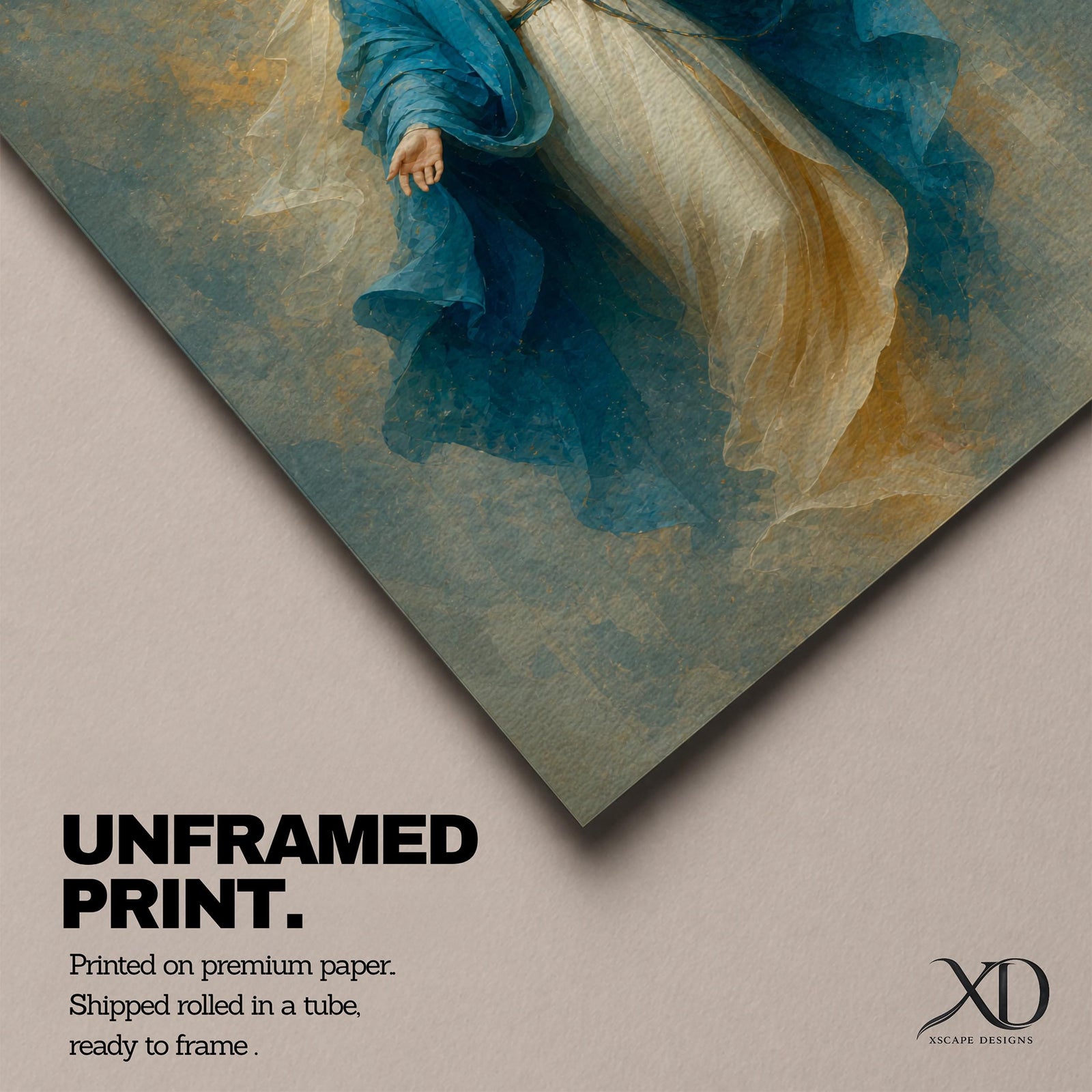 Elegant Virgin Mary wall art featuring the Blessed Mother in flowing blue and white robes with a radiant golden halo. Soft impressionist textures and serene colors create a sacred Catholic artwork ideal for prayer rooms, bedrooms, churches, and Christian home decor.