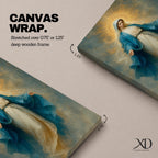 Elegant Virgin Mary wall art featuring the Blessed Mother in flowing blue and white robes with a radiant golden halo. Soft impressionist textures and serene colors create a sacred Catholic artwork ideal for prayer rooms, bedrooms, churches, and Christian home decor.