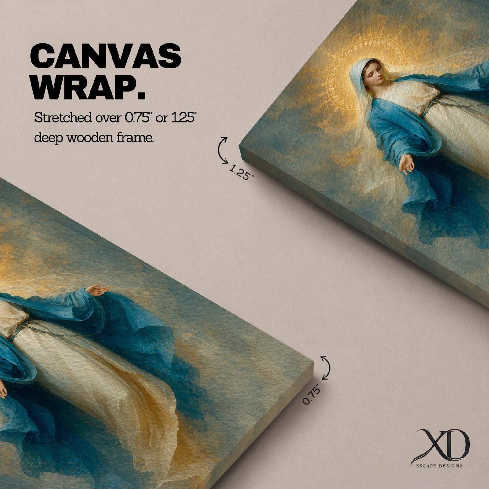 Elegant Virgin Mary wall art featuring the Blessed Mother in flowing blue and white robes with a radiant golden halo. Soft impressionist textures and serene colors create a sacred Catholic artwork ideal for prayer rooms, bedrooms, churches, and Christian home decor.