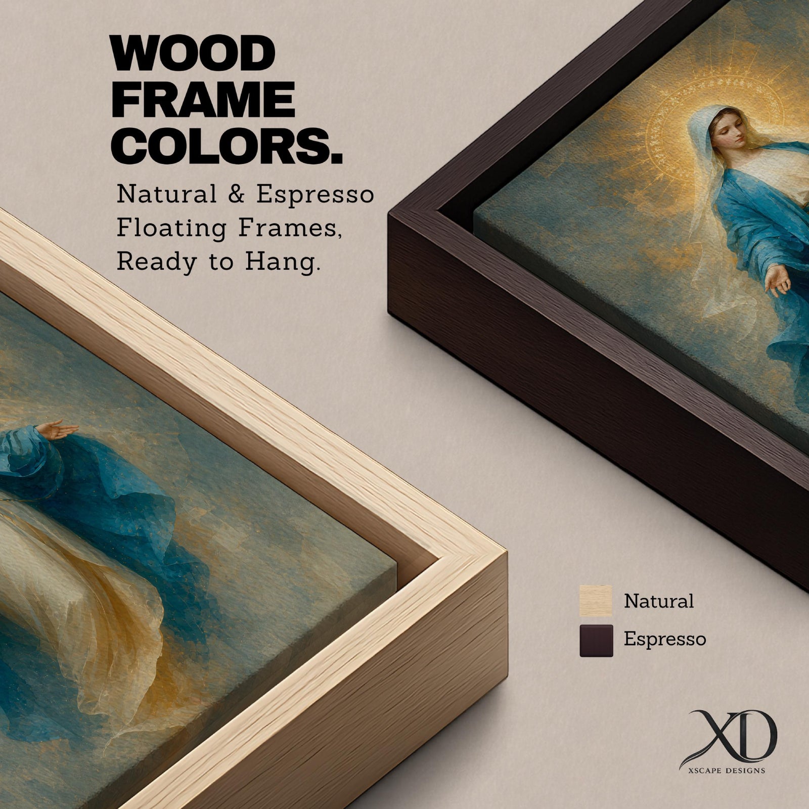 Elegant Virgin Mary wall art featuring the Blessed Mother in flowing blue and white robes with a radiant golden halo. Soft impressionist textures and serene colors create a sacred Catholic artwork ideal for prayer rooms, bedrooms, churches, and Christian home decor.