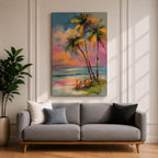 Painting of three palm trees on a tropical beach at sunset with two orange beach chairs, colorful sky with pink and orange clouds, impressionistic style coastal landscape composition.
