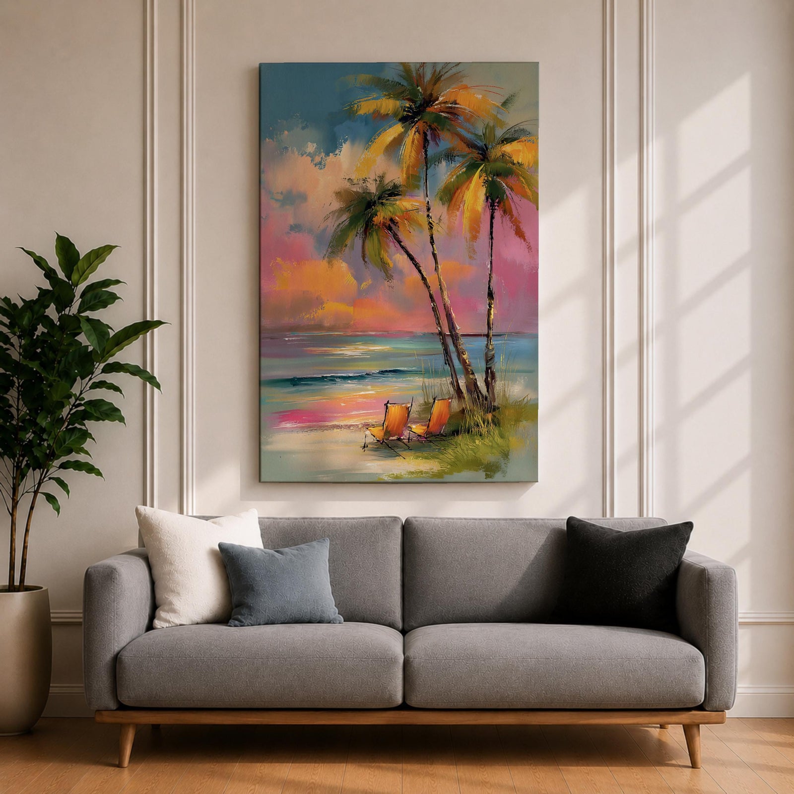 Painting of three palm trees on a tropical beach at sunset with two orange beach chairs, colorful sky with pink and orange clouds, impressionistic style coastal landscape composition.