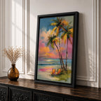 Painting of three palm trees on a tropical beach at sunset with two orange beach chairs, colorful sky with pink and orange clouds, impressionistic style coastal landscape composition.
