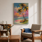 Painting of three palm trees on a tropical beach at sunset with two orange beach chairs, colorful sky with pink and orange clouds, impressionistic style coastal landscape composition.
