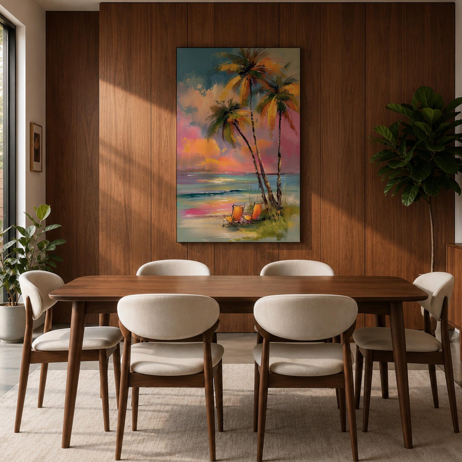 Painting of three palm trees on a tropical beach at sunset with two orange beach chairs, colorful sky with pink and orange clouds, impressionistic style coastal landscape composition.