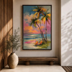 Painting of three palm trees on a tropical beach at sunset with two orange beach chairs, colorful sky with pink and orange clouds, impressionistic style coastal landscape composition.
