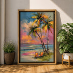 Painting of three palm trees on a tropical beach at sunset with two orange beach chairs, colorful sky with pink and orange clouds, impressionistic style coastal landscape composition.