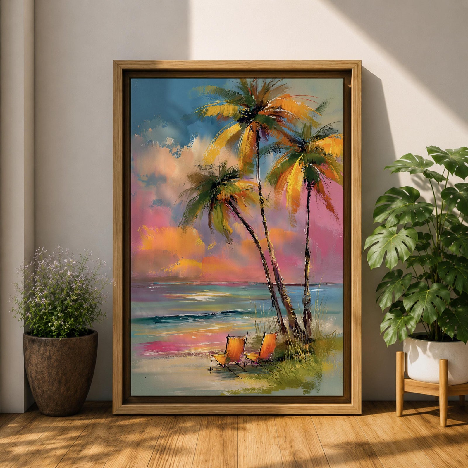 Painting of three palm trees on a tropical beach at sunset with two orange beach chairs, colorful sky with pink and orange clouds, impressionistic style coastal landscape composition.