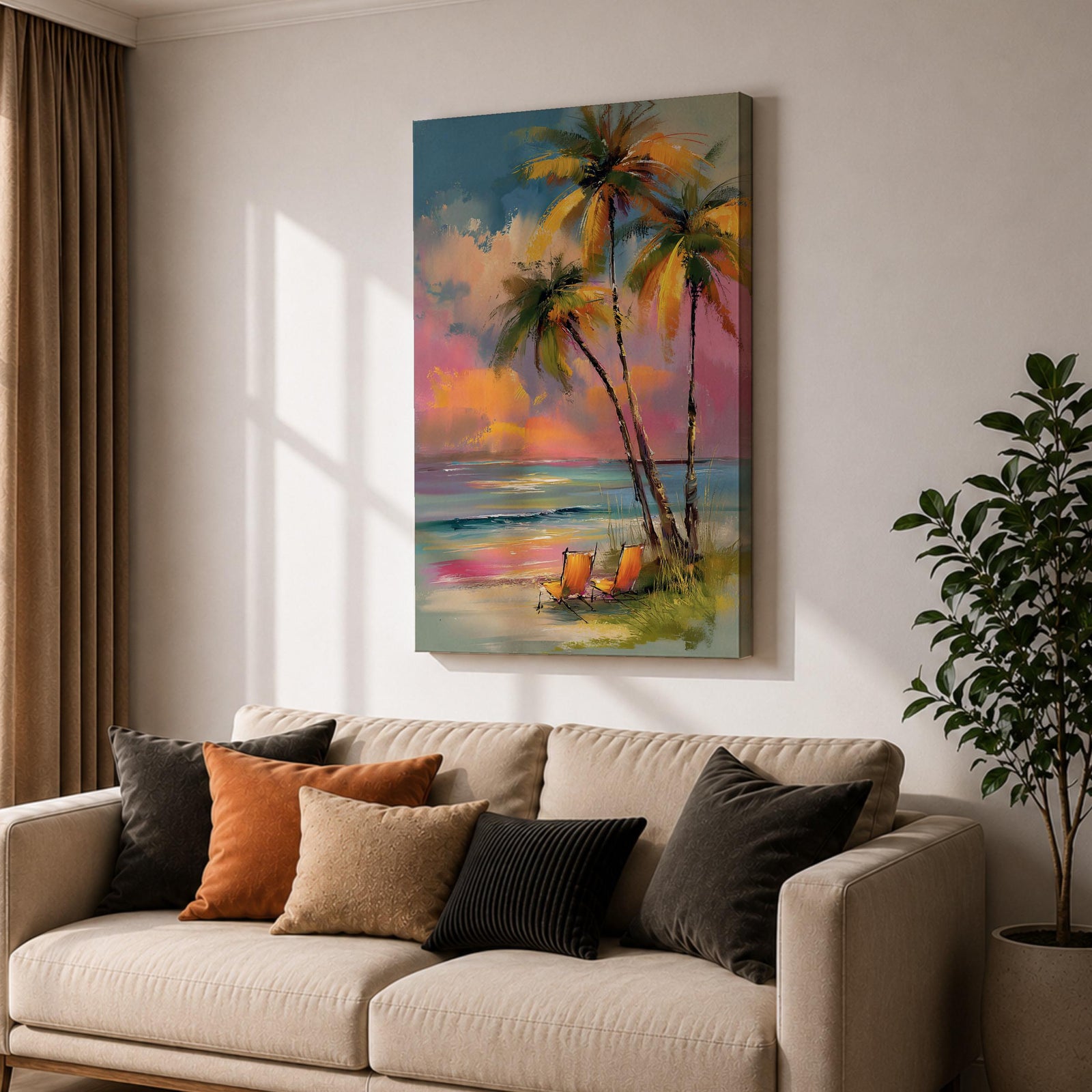 Painting of three palm trees on a tropical beach at sunset with two orange beach chairs, colorful sky with pink and orange clouds, impressionistic style coastal landscape composition.