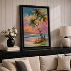 Painting of three palm trees on a tropical beach at sunset with two orange beach chairs, colorful sky with pink and orange clouds, impressionistic style coastal landscape composition.