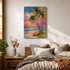 Painting of three palm trees on a tropical beach at sunset with two orange beach chairs, colorful sky with pink and orange clouds, impressionistic style coastal landscape composition.
