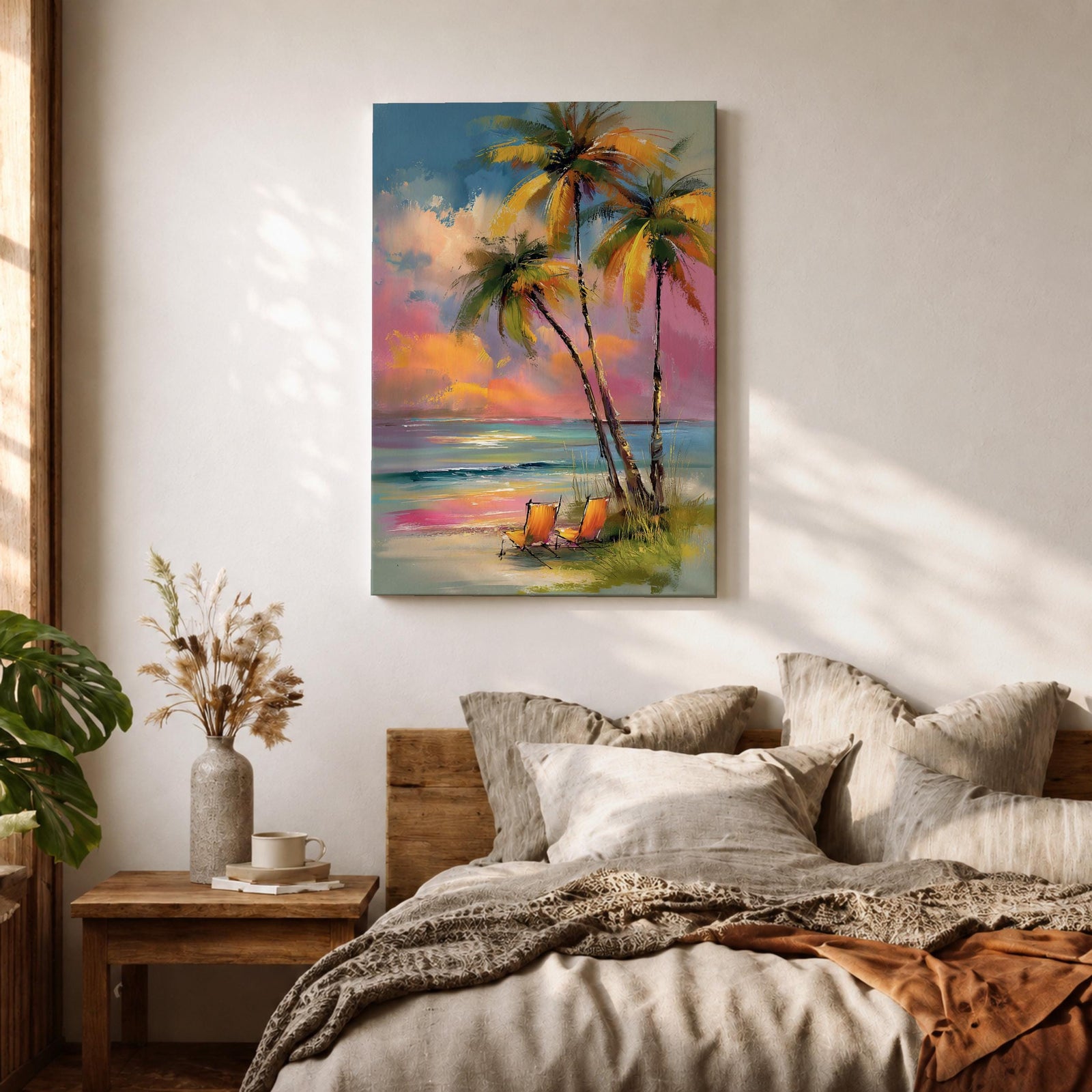 Painting of three palm trees on a tropical beach at sunset with two orange beach chairs, colorful sky with pink and orange clouds, impressionistic style coastal landscape composition.