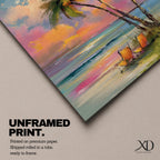 Painting of three palm trees on a tropical beach at sunset with two orange beach chairs, colorful sky with pink and orange clouds, impressionistic style coastal landscape composition.
