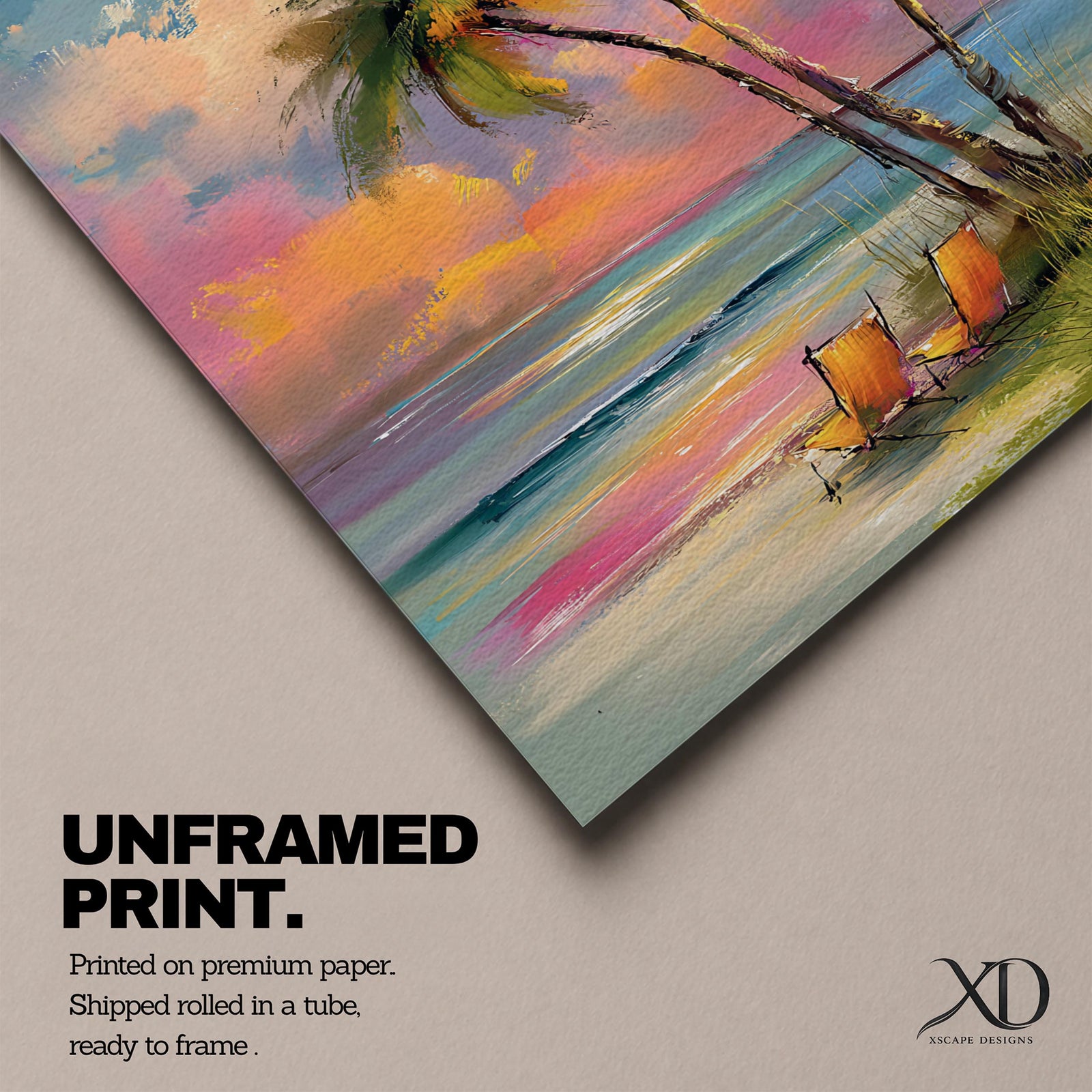 Painting of three palm trees on a tropical beach at sunset with two orange beach chairs, colorful sky with pink and orange clouds, impressionistic style coastal landscape composition.