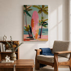 Modern tropical beach artwork featuring a pink surfboard standing on a sandy shoreline surrounded by palm trees. Soft pastel colors, coastal vibes, and contemporary painterly brushstrokes create a relaxing seaside atmosphere perfect for beach homes, coastal interiors, and summer-inspired décor.