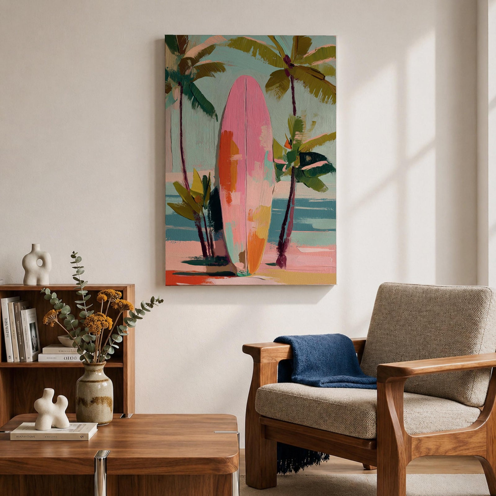 Modern tropical beach artwork featuring a pink surfboard standing on a sandy shoreline surrounded by palm trees. Soft pastel colors, coastal vibes, and contemporary painterly brushstrokes create a relaxing seaside atmosphere perfect for beach homes, coastal interiors, and summer-inspired décor.