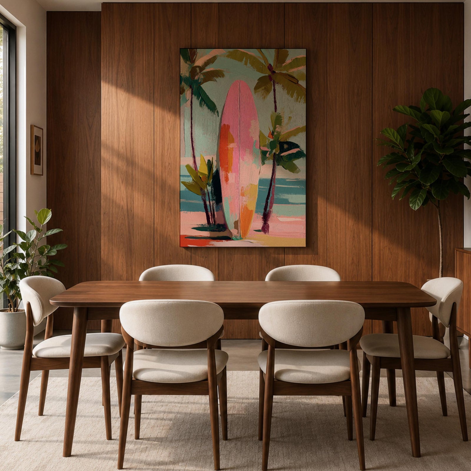Modern tropical beach artwork featuring a pink surfboard standing on a sandy shoreline surrounded by palm trees. Soft pastel colors, coastal vibes, and contemporary painterly brushstrokes create a relaxing seaside atmosphere perfect for beach homes, coastal interiors, and summer-inspired décor.
