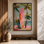 Modern tropical beach artwork featuring a pink surfboard standing on a sandy shoreline surrounded by palm trees. Soft pastel colors, coastal vibes, and contemporary painterly brushstrokes create a relaxing seaside atmosphere perfect for beach homes, coastal interiors, and summer-inspired décor.